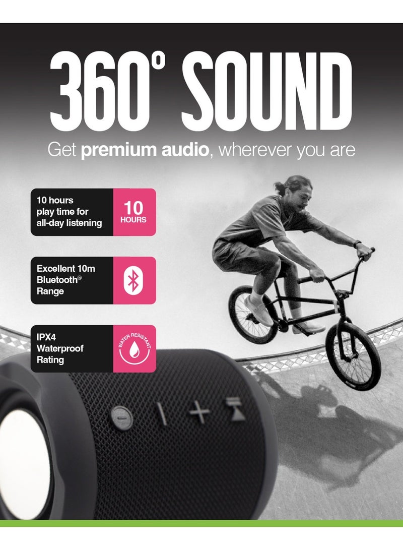 جوس مكبر الصوت المحمول JUICE Boom 360 بتقنية البلوتوث بقدرة 5 واط، متوافق مع الهواتف الذكية والأجهزة اللوحية وأجهزة MP3، مقاوم للرذاذ بمعيار IPX4، مع نطاق بلوتوث يصل إلى 10 أمتار، باللون الأسود. - Image 3